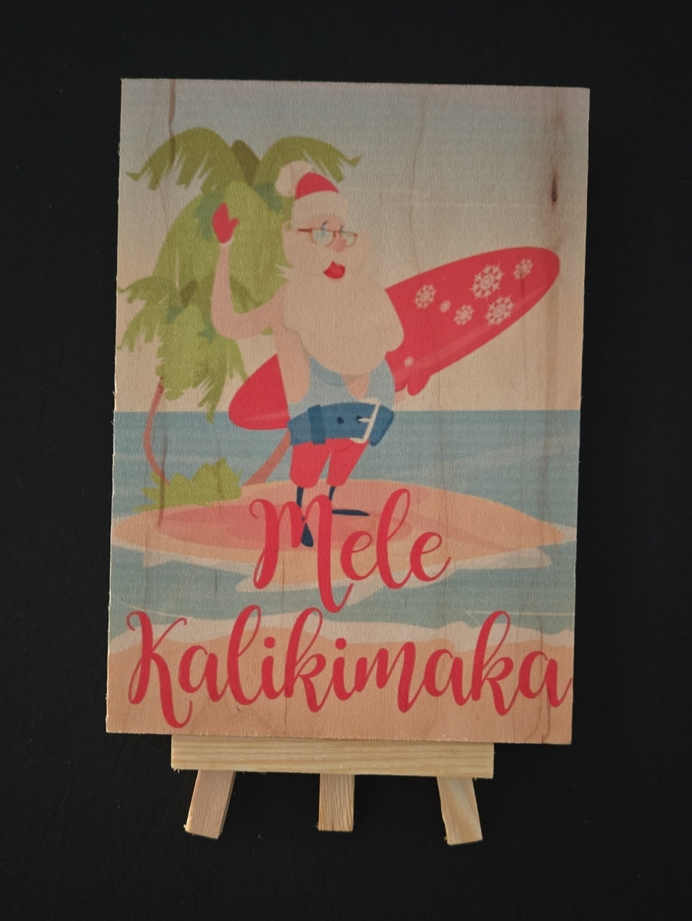 Gifts By The Sea Mele Kalikimaka Surfing Santa Wood Plaque w/Stand EUC 5"x7"